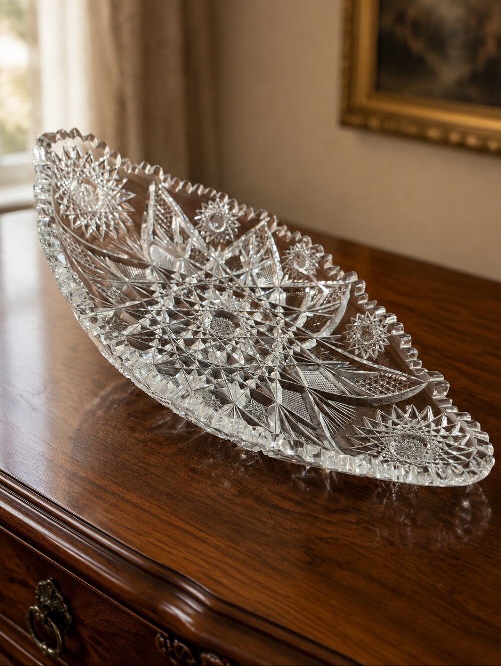 Vintage Heavy Cut Glass Oval Serving Bowl 9” Starburst Sawtooth Rim